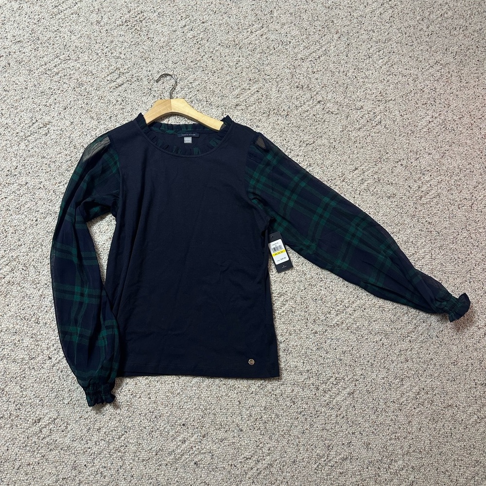Navy and Green Plaid Long Sleeve Top